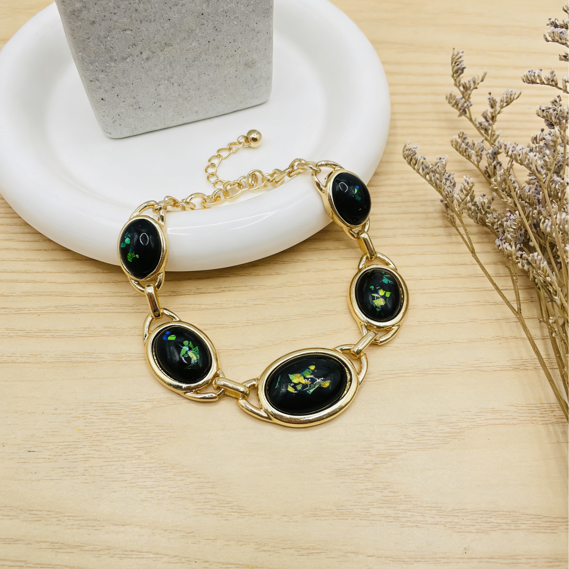 lack Opal Gold Plated Statement Jewelry Set | Dangle Earrings Necklace Bracelet