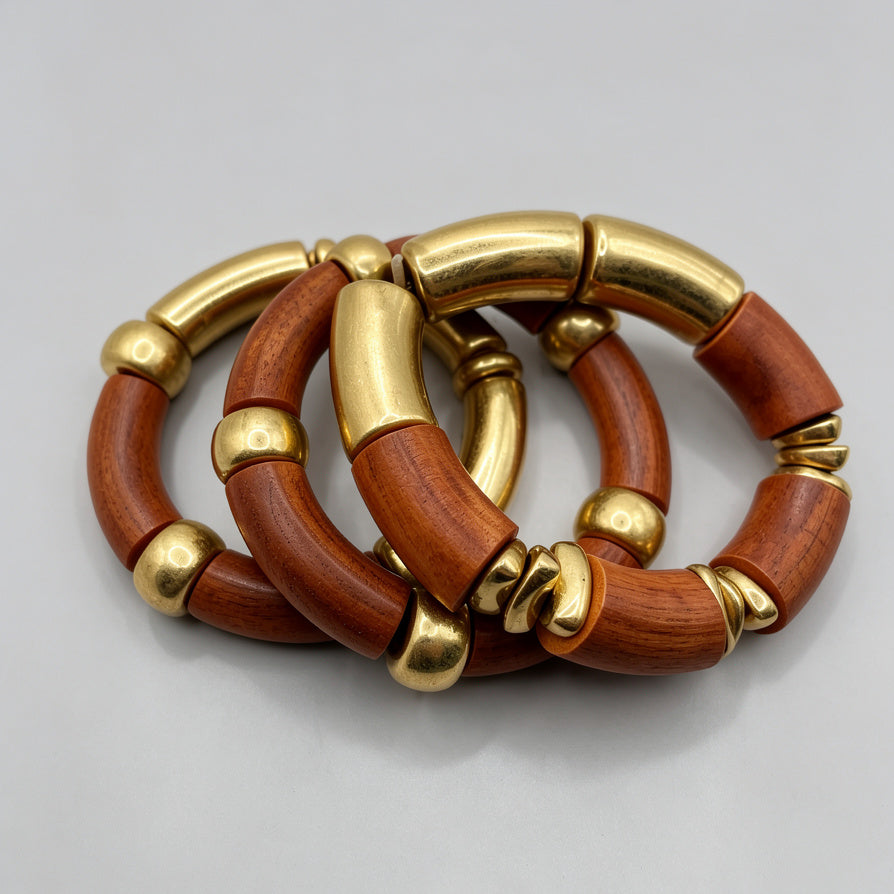 Pulseras Elásticas de Madera Natural y Detalles Dorados | Set de 3 Piezas para Venta al Por Mayor | Joyería Mayorista para Revendedores|JI JOYA