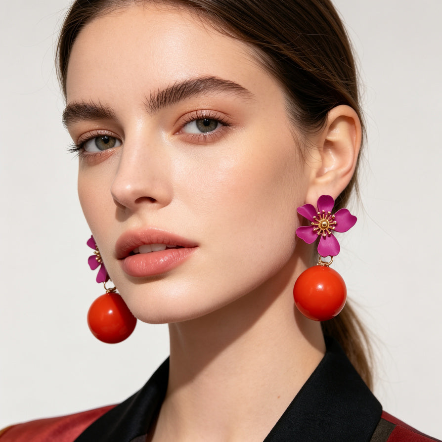 Pendientes de Flor Magenta con Bola Naranja - Joyería de Moda al Por Mayor|JI JOYA