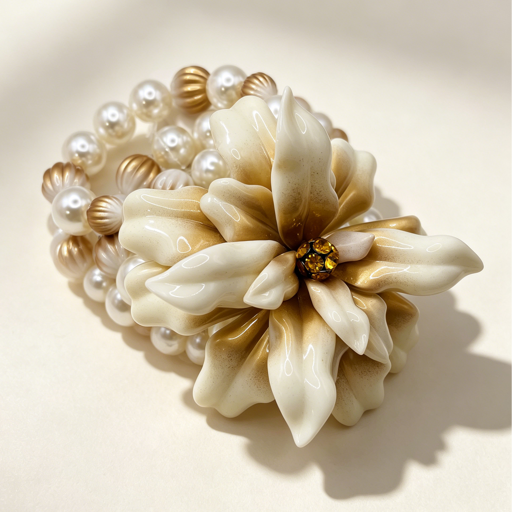 Pulsera Flor Elegante Perla Dorada al Por Mayor, Brazalete Resina con Cristal para Mujer, Accesorio Moda Mayorista|JI JOYA