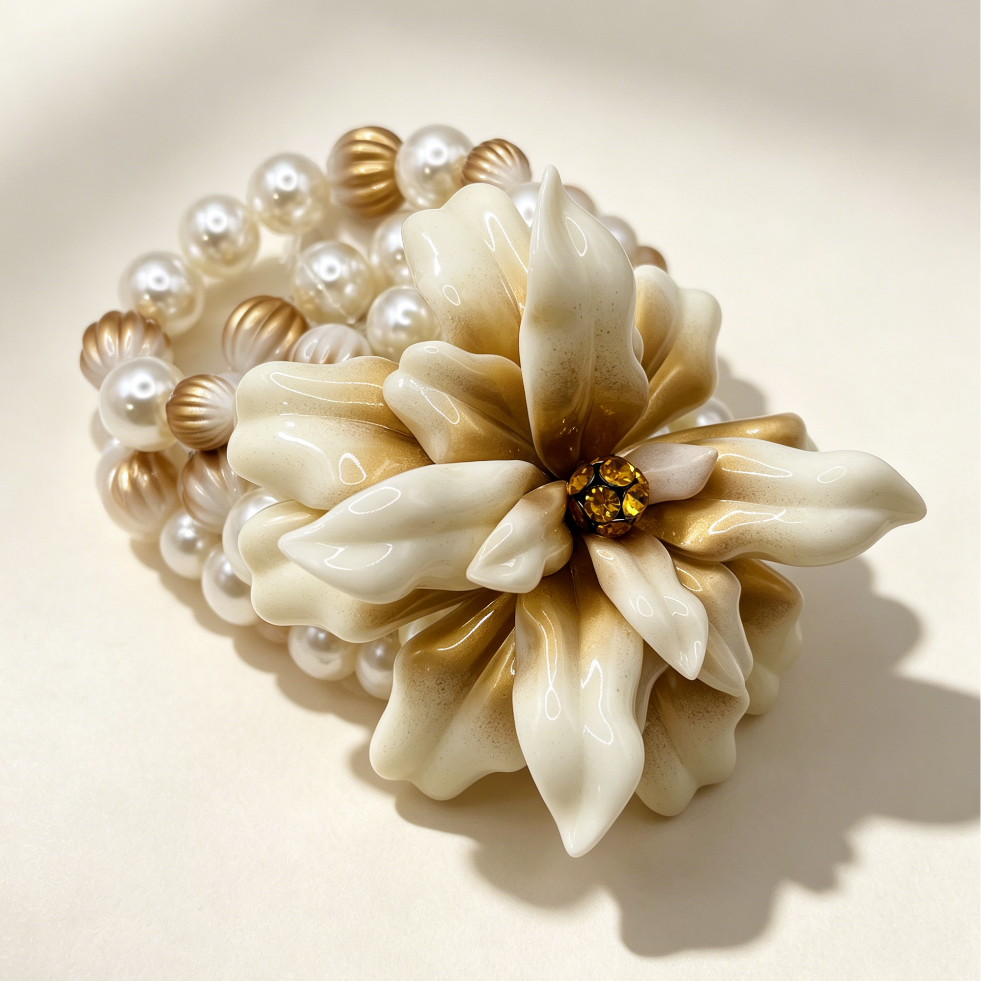 Pulsera Flor Elegante Perla Dorada al Por Mayor, Brazalete Resina con Cristal para Mujer, Accesorio Moda Mayorista|JI JOYA