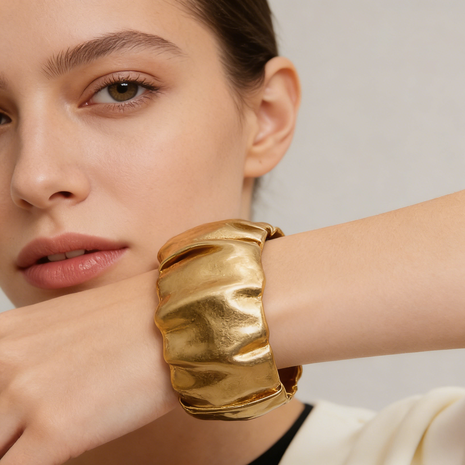 Pulsera Brazalete Dorada Texturizada con Cierre Resorte, Diseño Irregular Minimalista, Joyería de Moda al Por Mayor para Mujer|JI JOYA