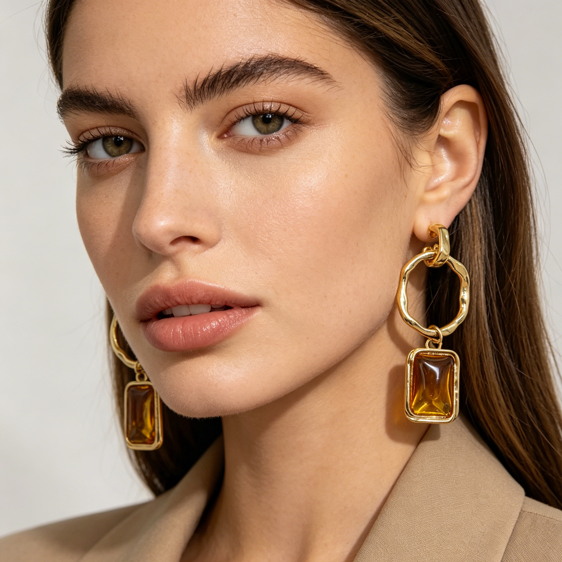 Pendientes Colgantes Aro Irregular con Piedra Rectangular Resina, 3 Colores Oro/Antiguo Plata/Negro, Joyería de Moda al Por Mayor para Mujer|JI JOYA