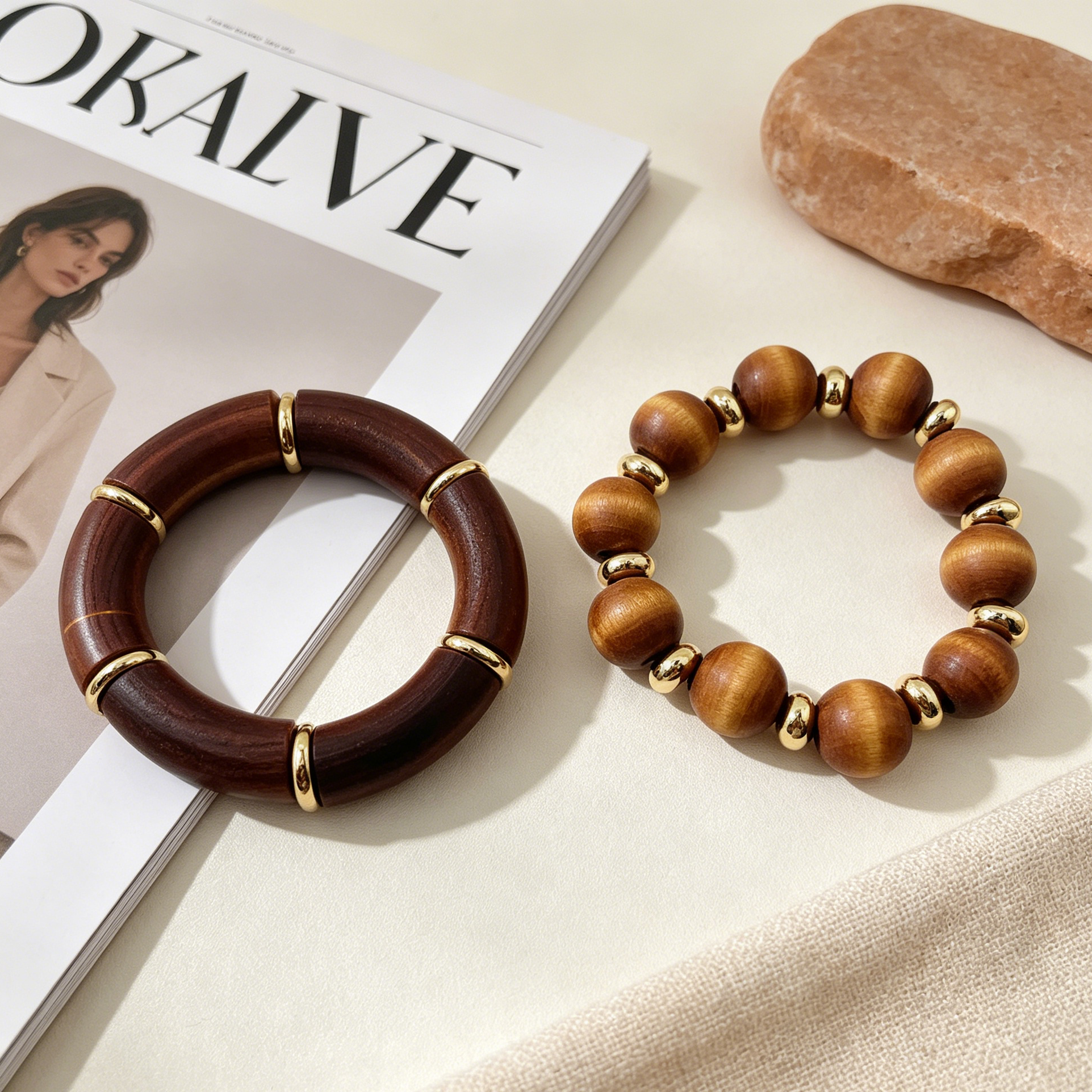 Pulseras de Madera Juego Mayorista, Brazalete Circular de Madera con Aros Dorados + Pulsera Bolas de Madera Accesorio Moda Mujer|JI JOYA