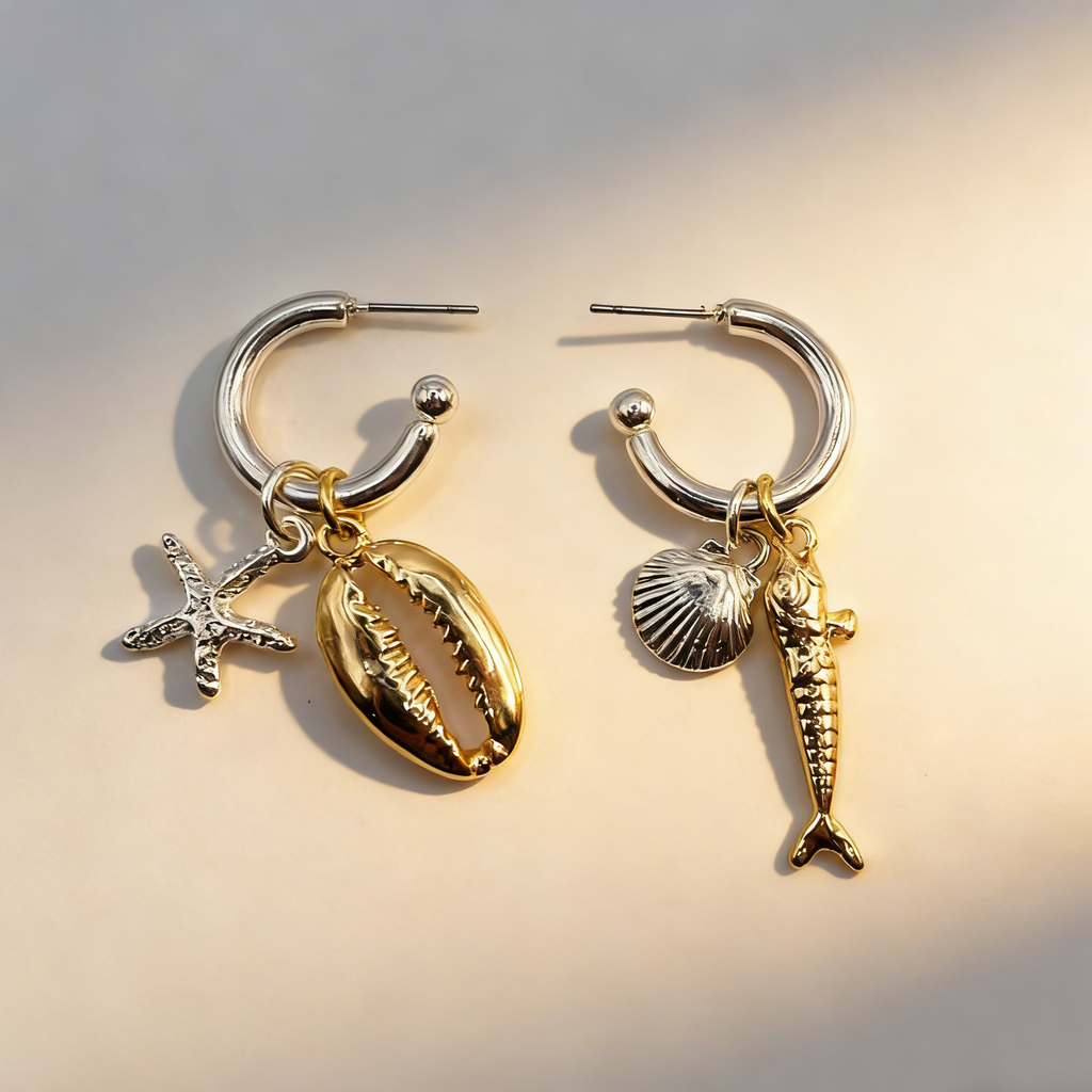 Aros de aro con dijes de mar | Estrella de mar, concha y pez | Joyería de playa de doble tono