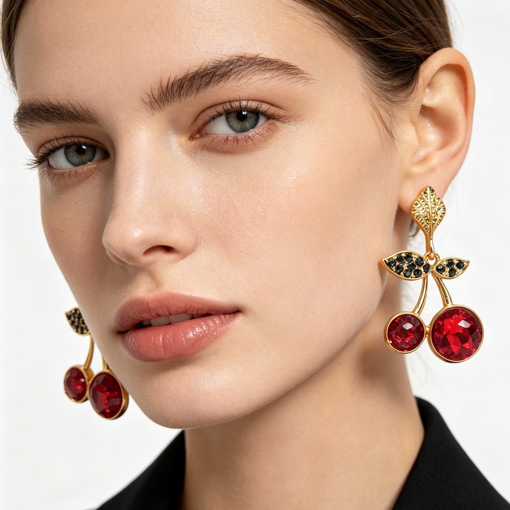 JI JOYA VENTA AL POR MAYOR|Pendientes Colgantes de Cerezo con Piedras Brillantes, Diseño de Fruta, Joyería Mayorista en Oro Rosa/Rojo para Mujer