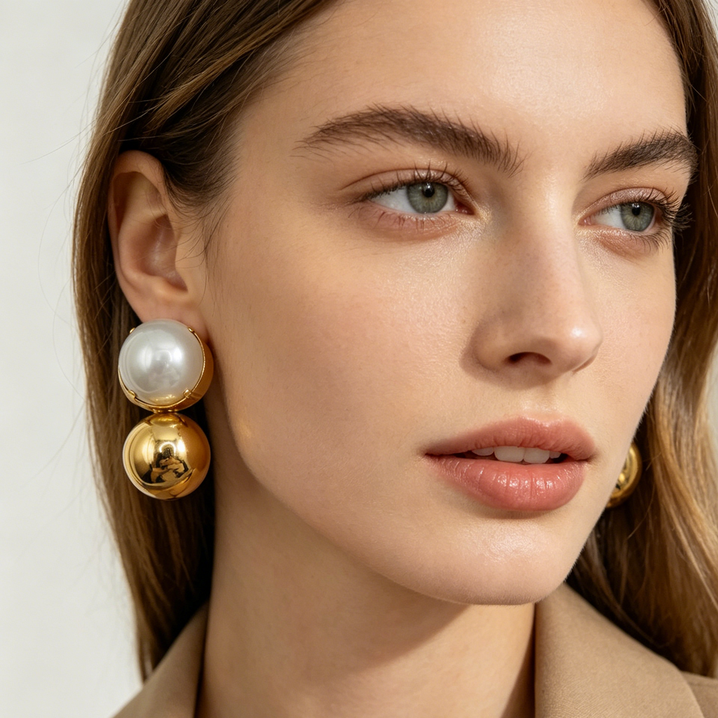 Pendientes de Doble Bola con Perla de Imitación - Dorado y Plateado - Joyería al Por Mayor|JI JOYA