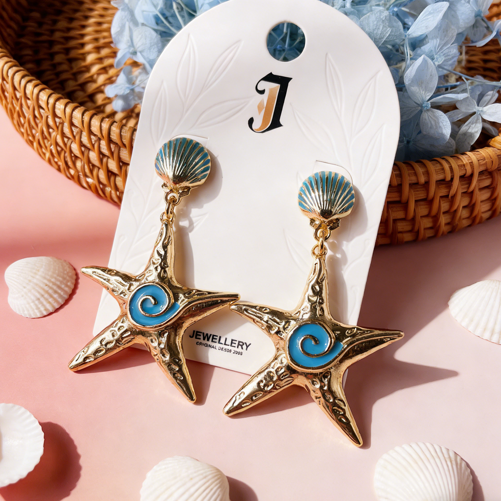 Pendientes Estrella de Mar y Concha Marina en Tono Dorado con Esmalte Azul - Estilo Costero Boho|JI JOYA