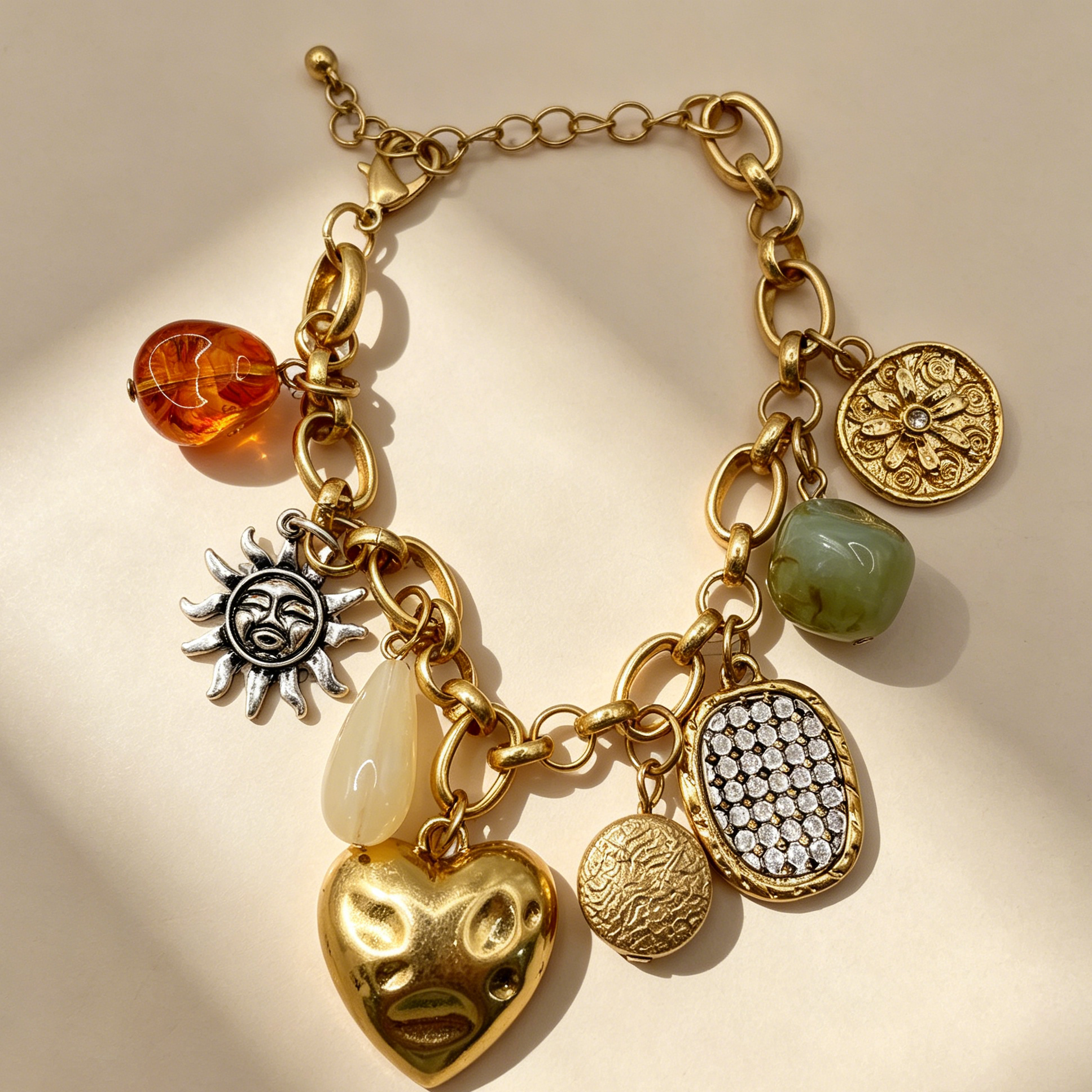 Pulsera Charm de Corazón Dorado Vintage, Brazalete Multicolis con Dijes Sol, Piedra Jade, Ámbar, Mayorista Joyería Mujer Moda Europea|JI JOYA