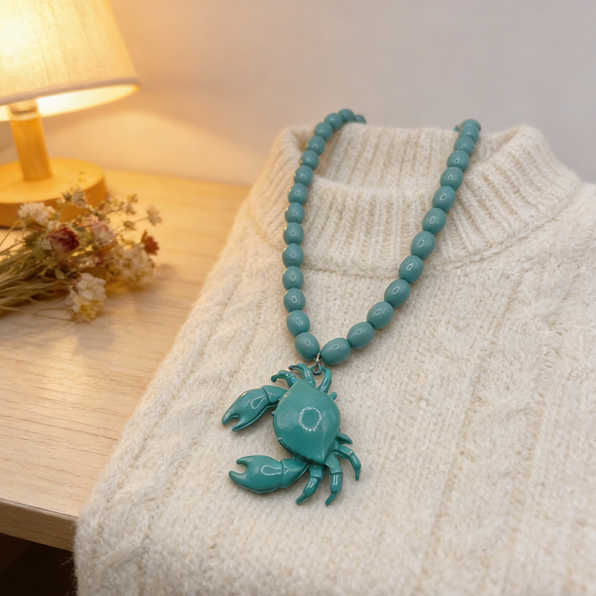 Turquoise Beaded Necklace with Crab Charm - Ideal Summer Accessory