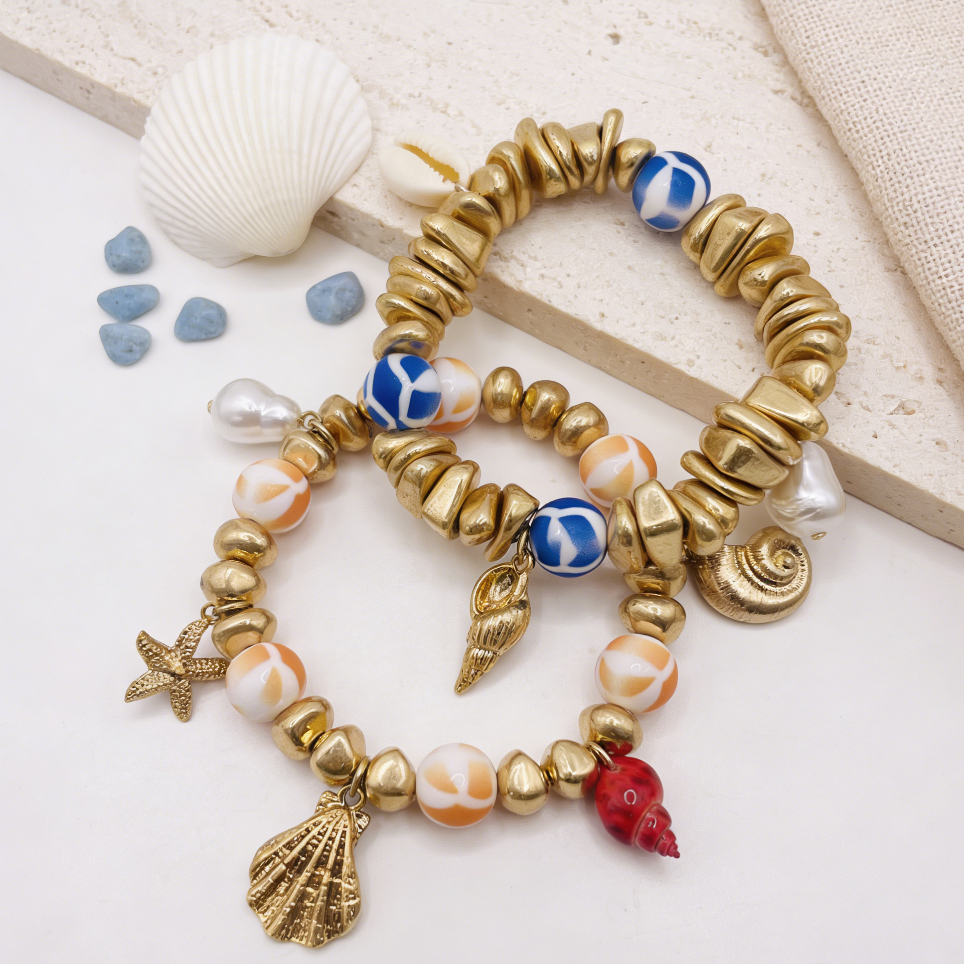 Pulseras de Concha Doradas Juego 2 Unidades, Brazalete de Cuentas Marinas Verano Mayorista Joyería Moda Mujer|JI JOYA