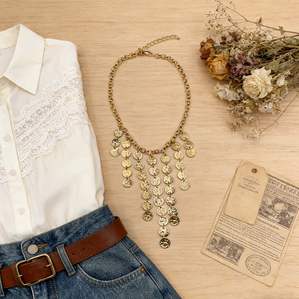Conjunto de joyas con borlas y monedas de oro | Collar y pendientes bohemios chic