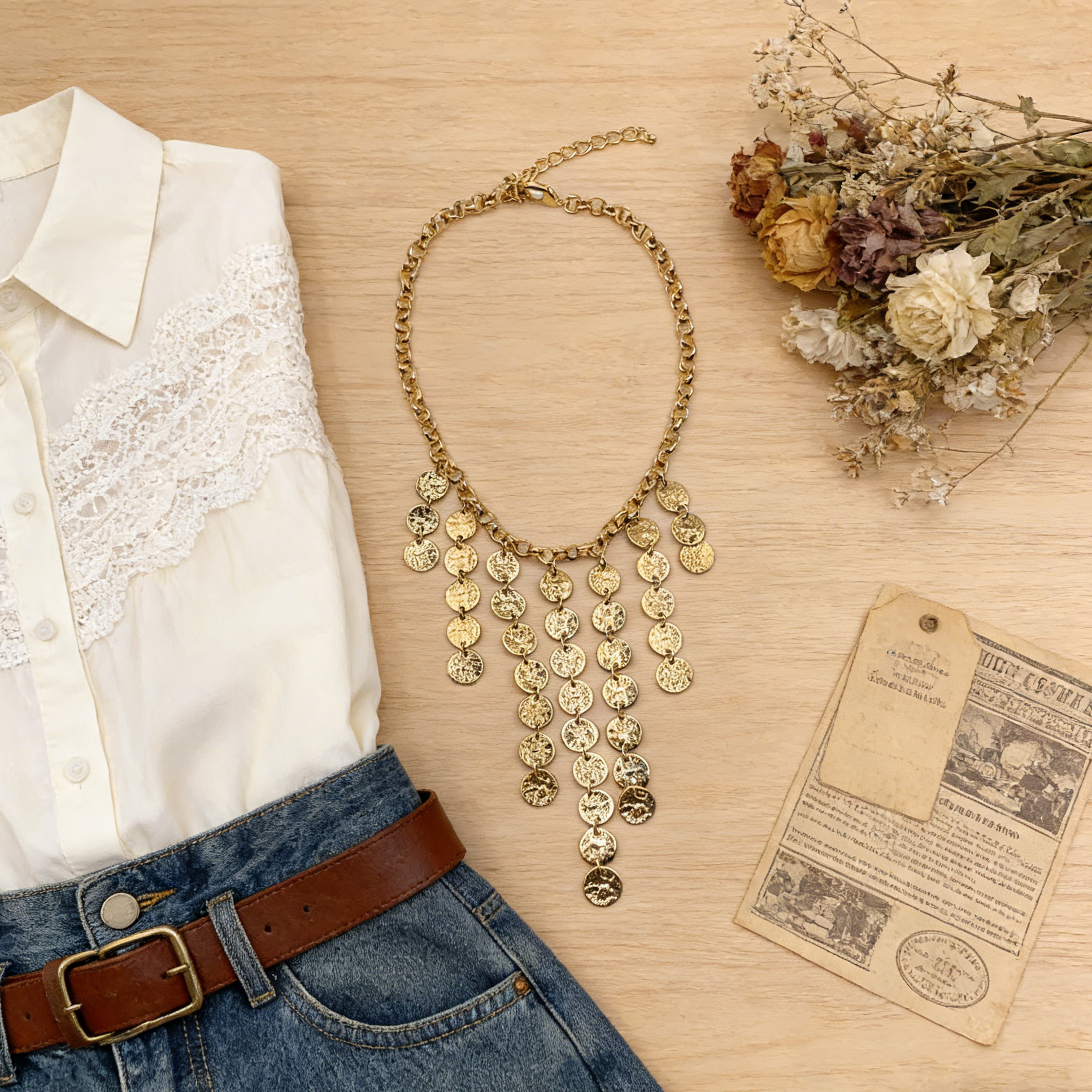 Conjunto de joyas con borlas y monedas de oro | Collar y pendientes bohemios chic