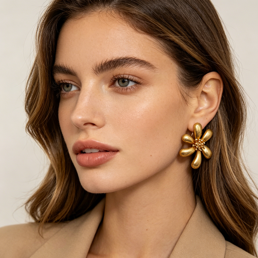 Pendientes Flor Dorada de Metal Mate | Joyería de Moda para Mujer, Estilo Minimalista y Elegante, Venta al Por Mayor|JI JOYA