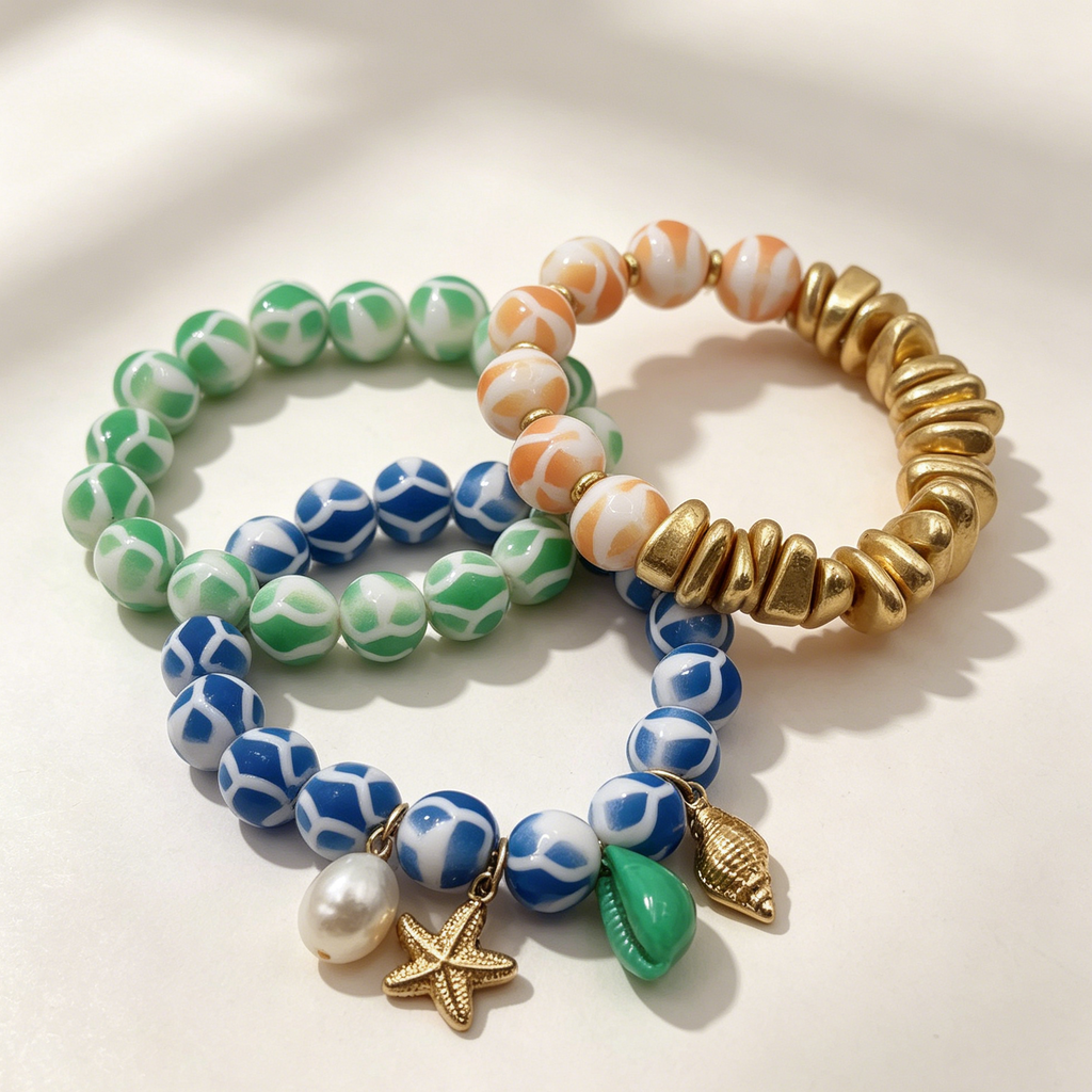 Pulseras de bolas de resina combinadas al por mayor, set de 3 pulseras de playa con accesorios marinos, joyería casual de verano para mujer|JI JOYA