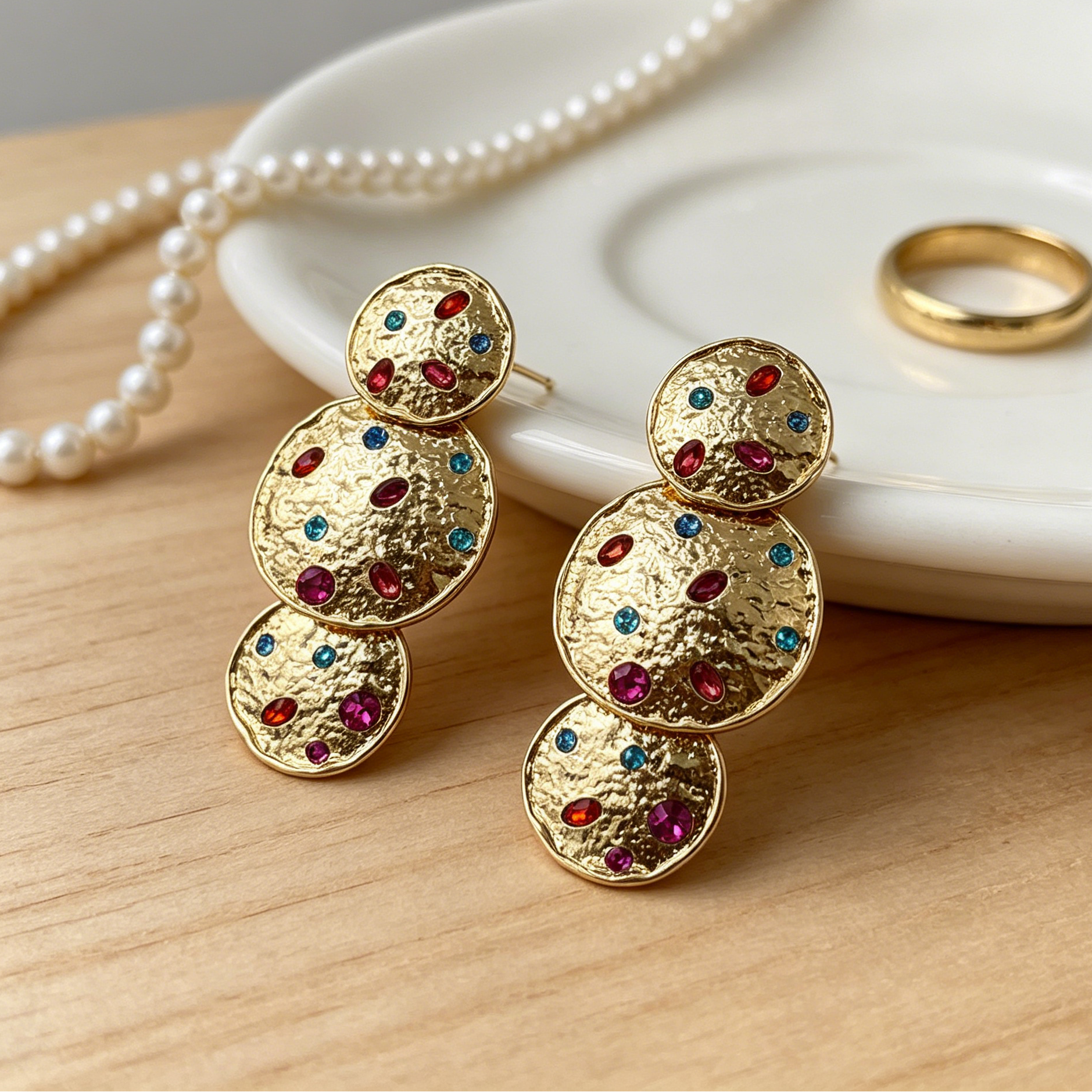 Pendientes Colgantes de 3 Discos con Cristales Multicolores, Diseño Martillado - Oro y Plata|JI JOYA