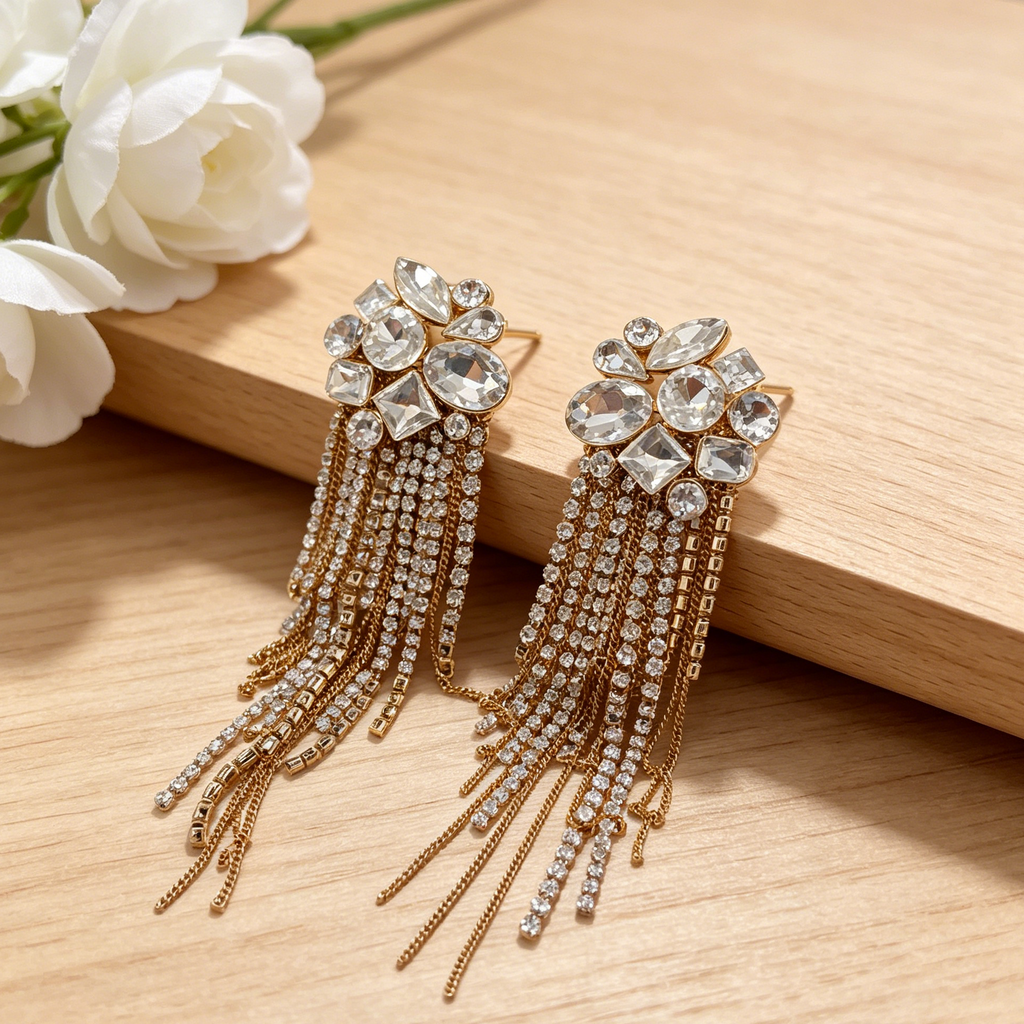 Pendientes Colgantes de Cristal con Flecos Largos | Dorado/Negro | Poste S925 | Joyería de Fiesta al Por Mayor|JI JOYA