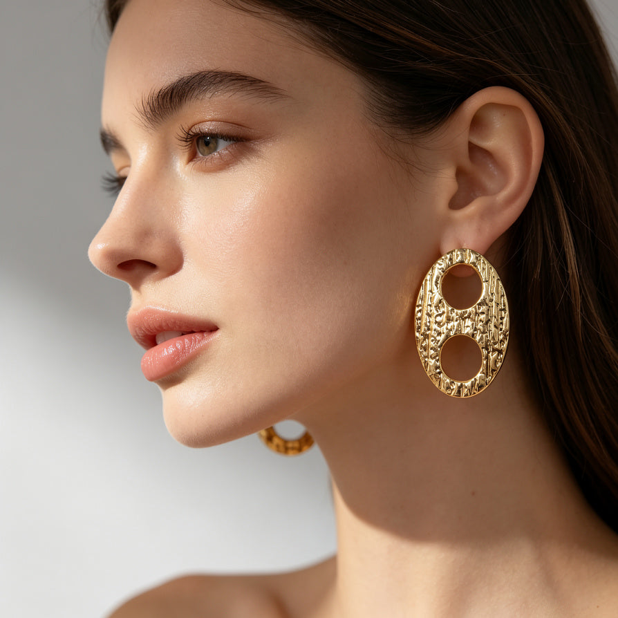 Aretes Pendientes Dorados Geométricos | Diseño de Dos Agujeros | Mayorista|JI JOYA