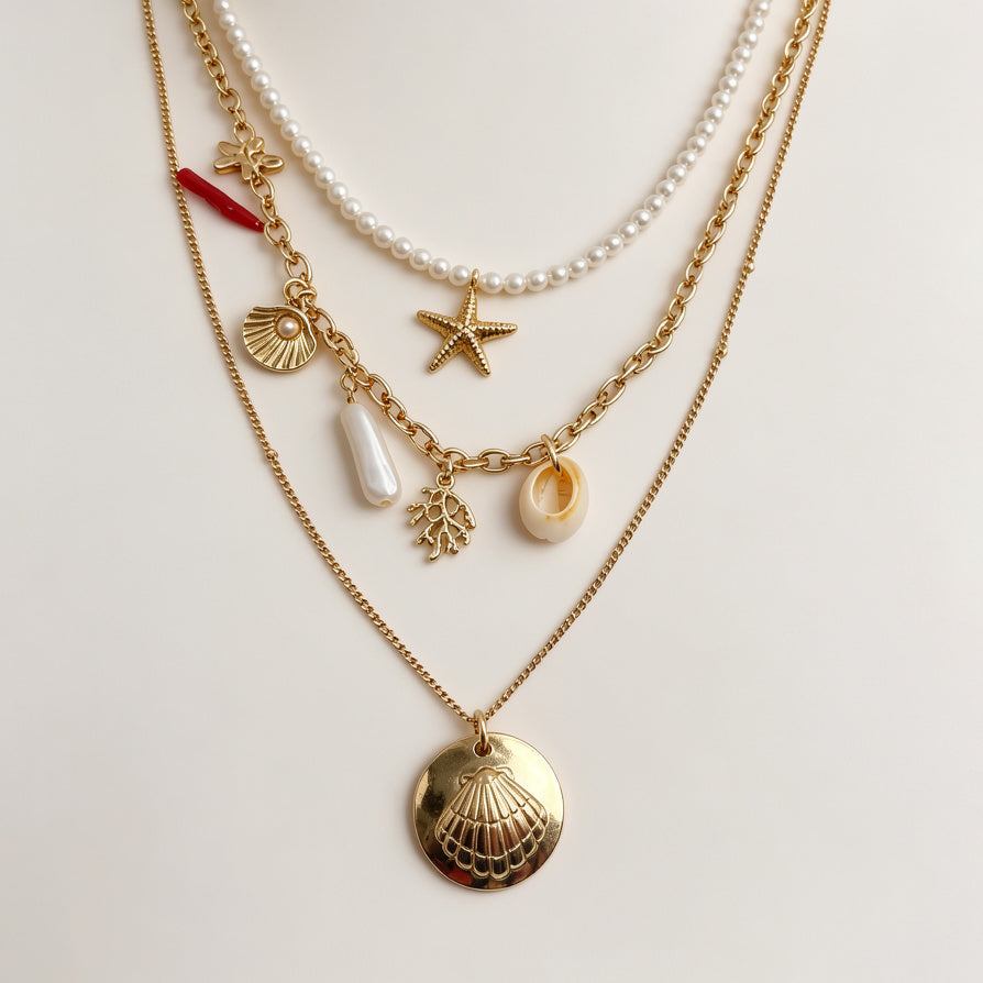 Collar Multicapa de Oro con Dijes Marinos - Joyería de Playa al Por Mayor|JI JOYA