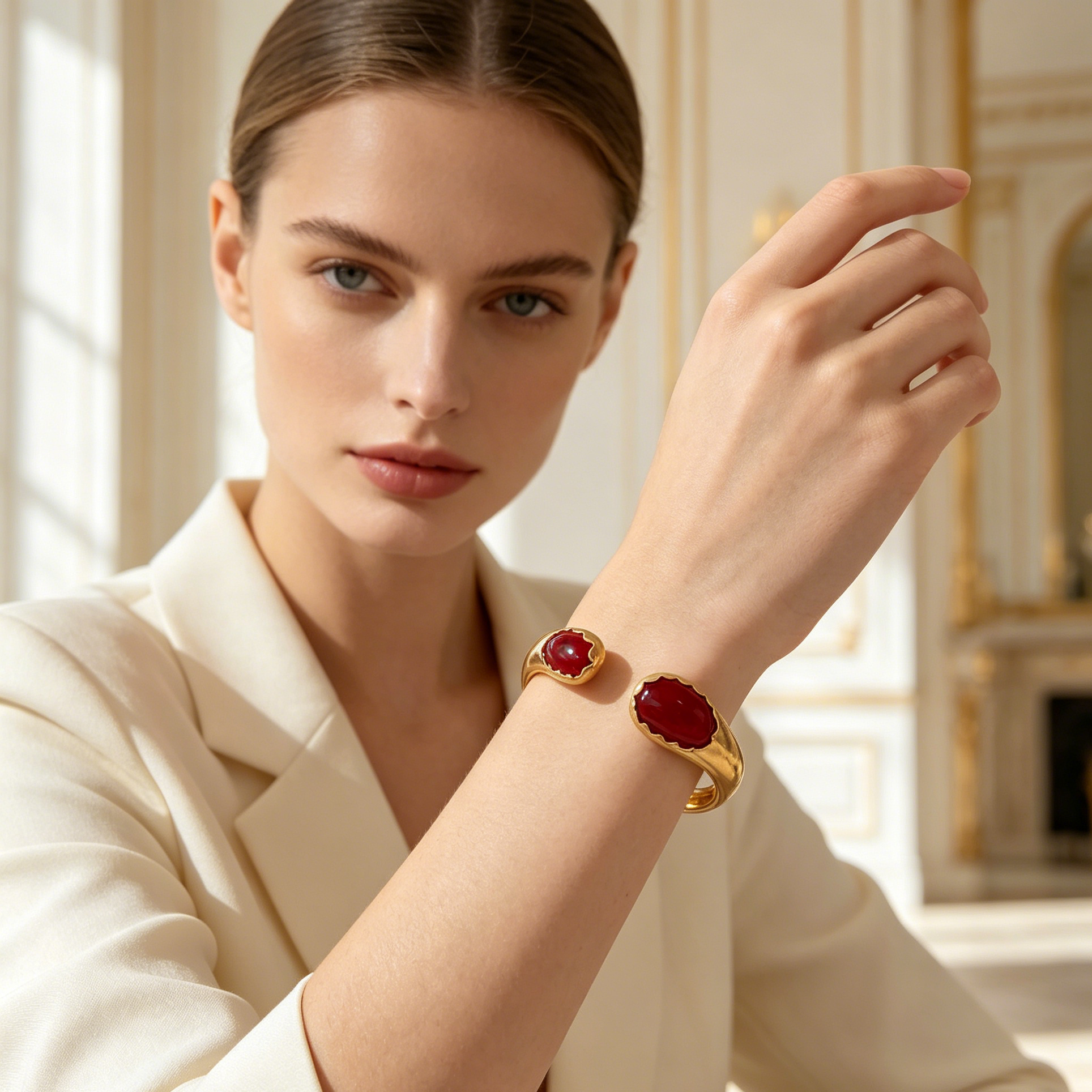 Pulsera Brazalete Abierto con Piedra Roja Esmaltada, Metal Dorado Mate, Joyería Mayorista Mujer|JI JOYA