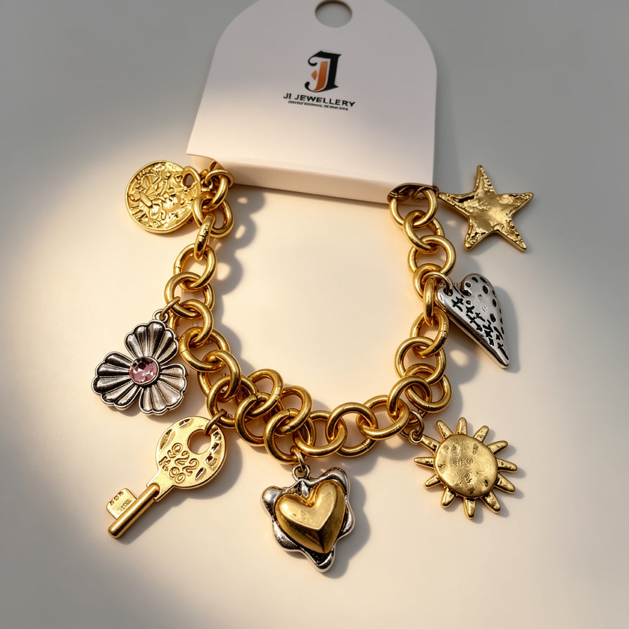 Pulsera de Moda con Dijes de Corazón, Flor, Sol y Estrella | Joyería Dorada y Plateada al Por Mayor para Mujer|JI JOYA