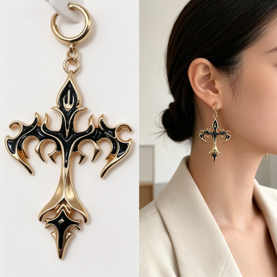 Pendientes de Cruz Gótica en Zinc con Esmalte Negro - Oro y Plata, Joyería de Moda al Por Mayor|JI JOYA