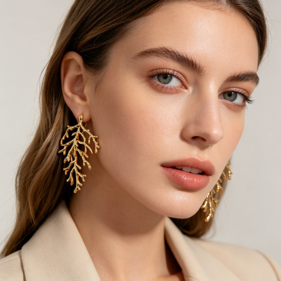 Pendientes Ramas de Coral Metálicos al Por Mayor | 2 Colores Oro y Plata, Diseño Texturizado Exclusivo|JI JOYA