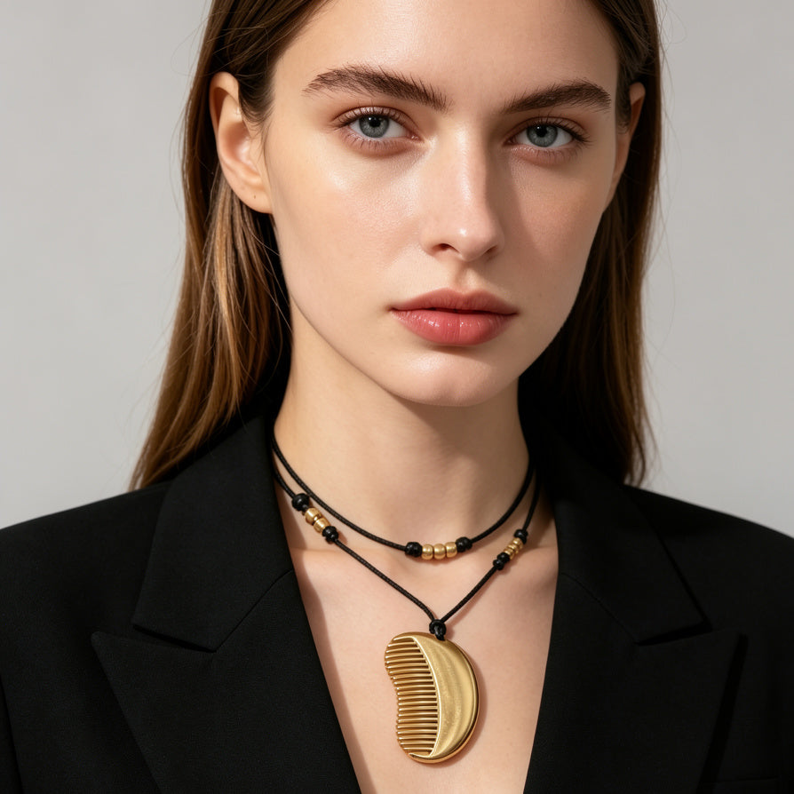 Collar de Peine de Metal Dorado y Negro, Juego de 2 Piezas, Collar Largo de Cuerda para Mujer, Joyería al Por Mayor|JI JOYA