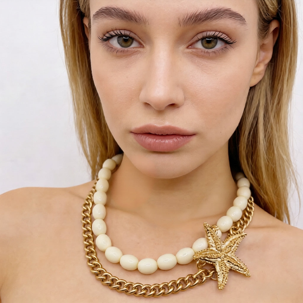 Collar Doble con Estrella de Mar | Turquesa y Plata| Crema y Oro
