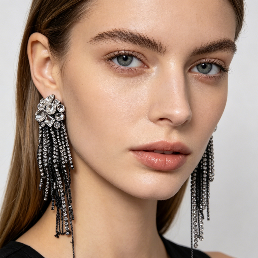 Pendientes Colgantes de Cristal con Flecos Largos | Dorado/Negro | Poste S925 | Joyería de Fiesta al Por Mayor|JI JOYA