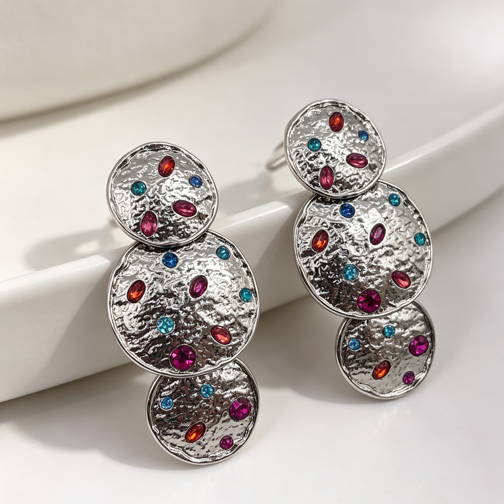 Pendientes Colgantes de 3 Discos con Cristales Multicolores, Diseño Martillado - Oro y Plata|JI JOYA