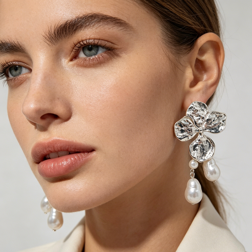 Pendientes Flor Metal Martillado con Perlas Barrocas, Diseño Minimalista, Plata y Dorado, Mayorista Accesorios Moda Mujer|JI JOYA