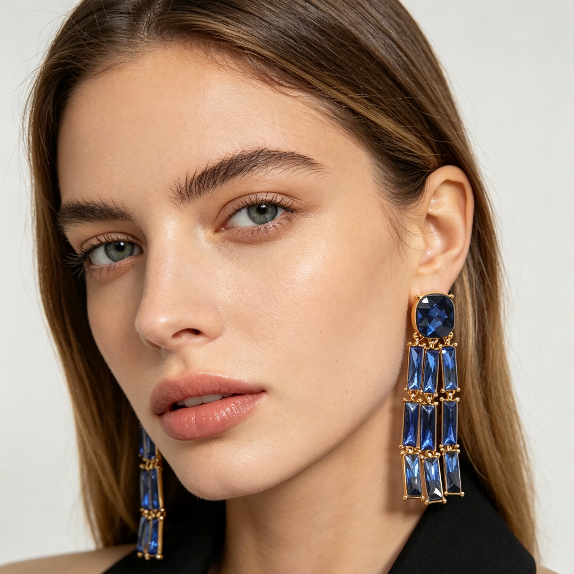 Pendientes Largos Borla Cristal Azul 2 Colores, Aretes Chapados en Oro al Por Mayor para Fiesta Noche Mujer|JI JOYA