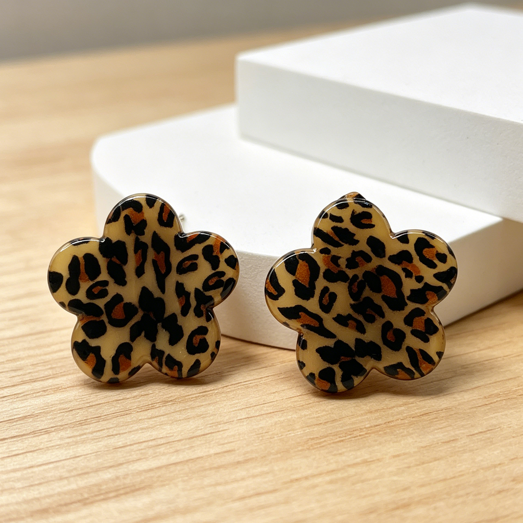 Pendientes Forma Flor Print Leopardo Resina, Compra Mayorista para Tiendas de Bisutería|JI JOYA