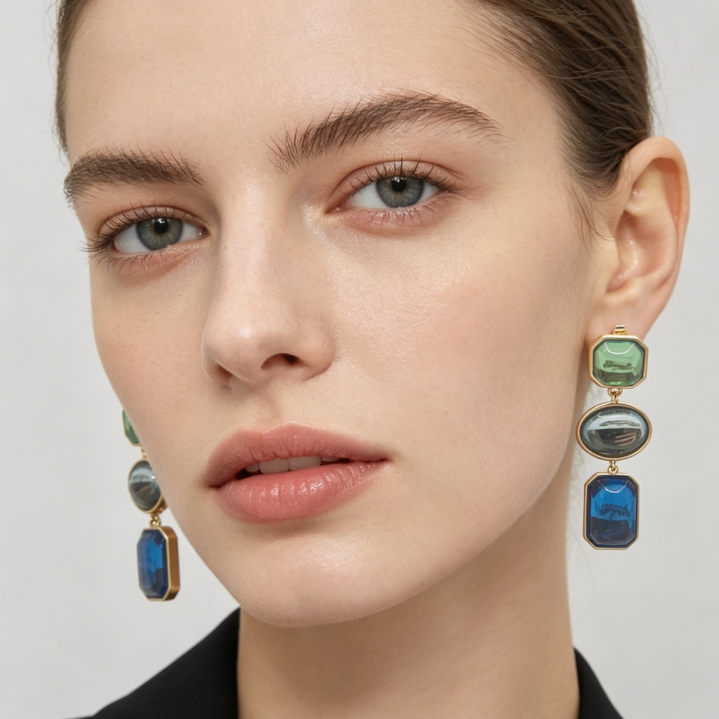 JI JOYA VENTA AL POR MAYOR|Set de Bisutería Vintage Dorada, Gargantilla y Aretes con Gemas en Tonos Azul Verde, Venta al Por Mayor Mayorista