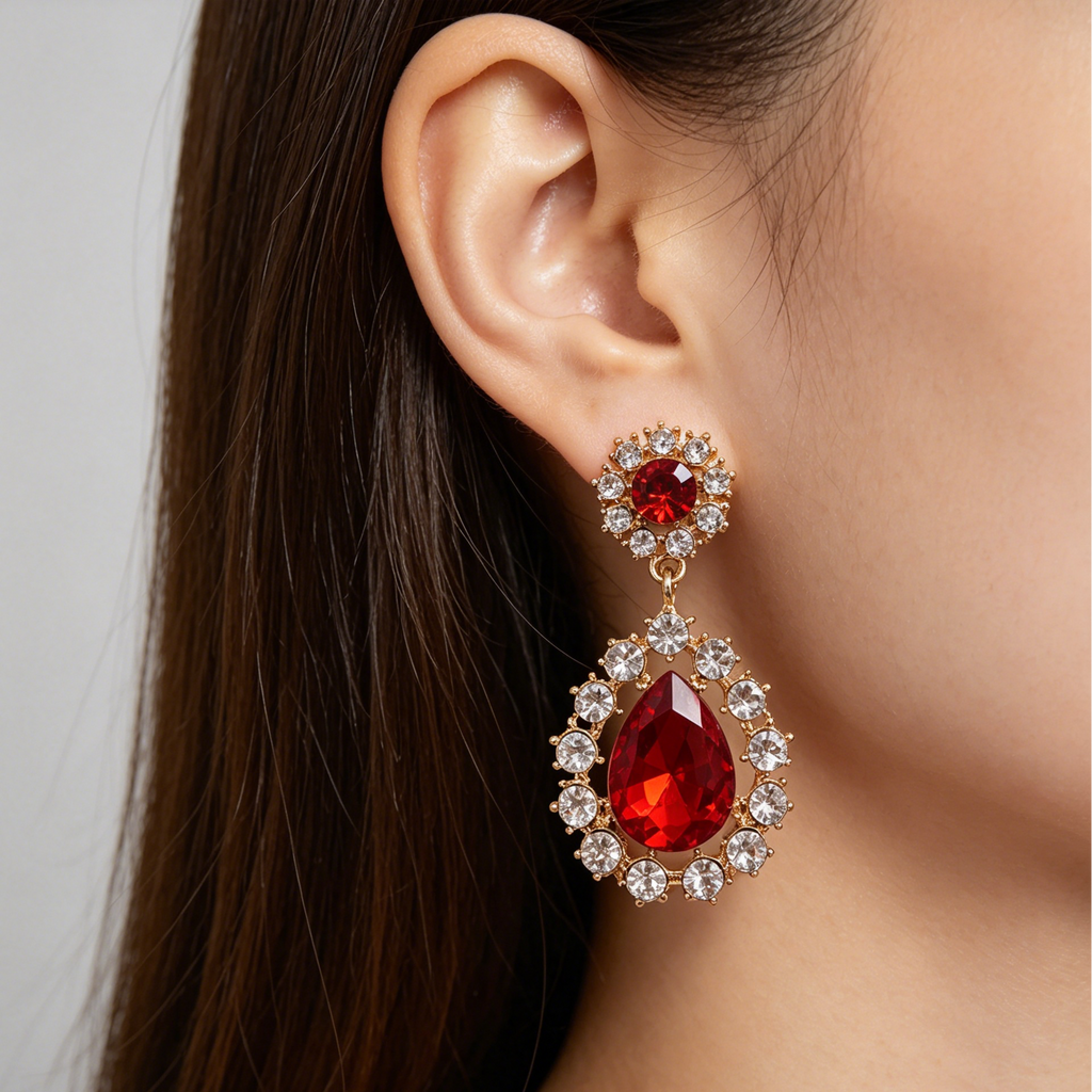 Pendientes de gota de cristal rojo lujoso | Joyería al por mayor|JI JOYA