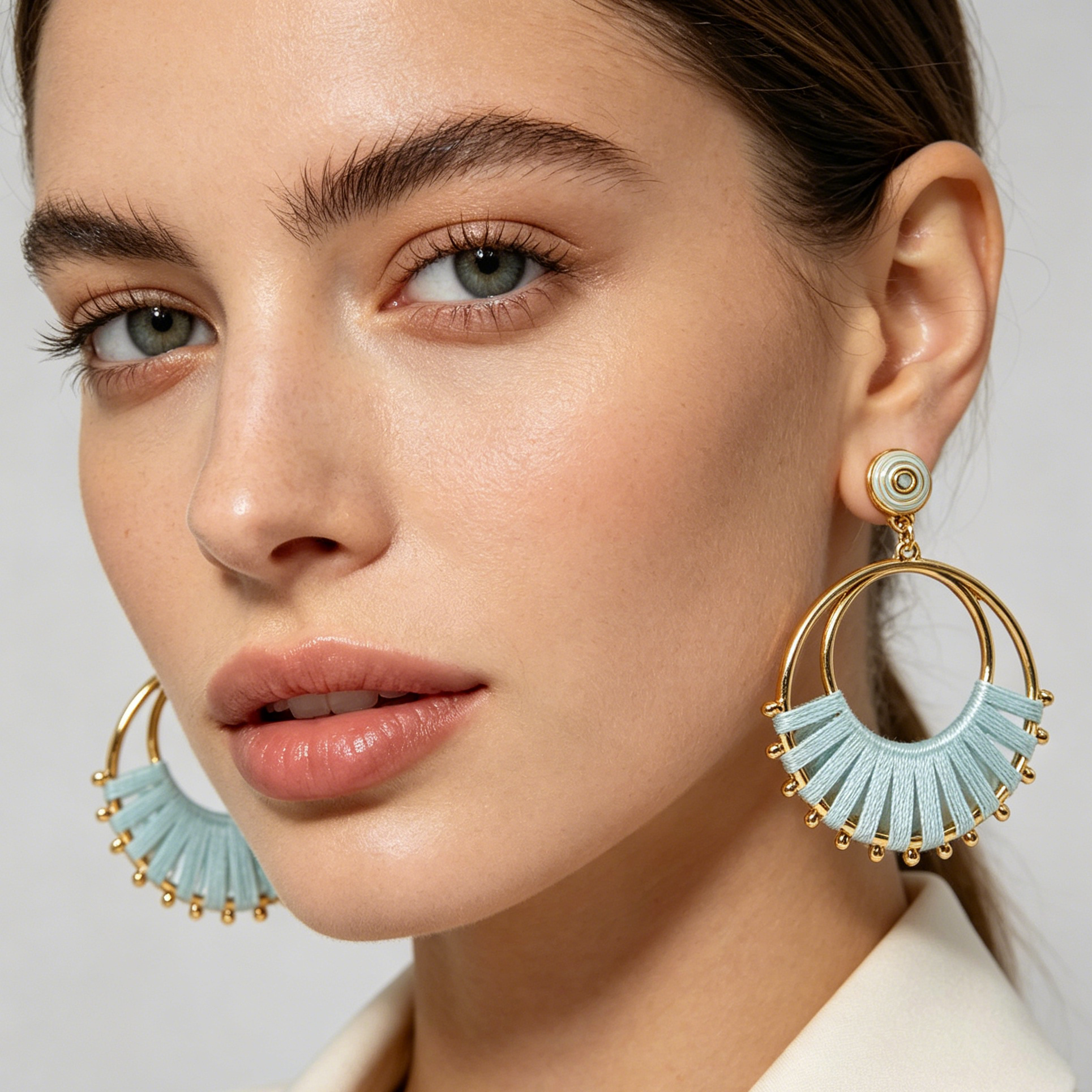 Pendientes Arco Hilo Tejido Aro Doble Dorado | Mayorista Joyería Moda Variedad Colores Rojo Negro Azul Claro|JI JOYA