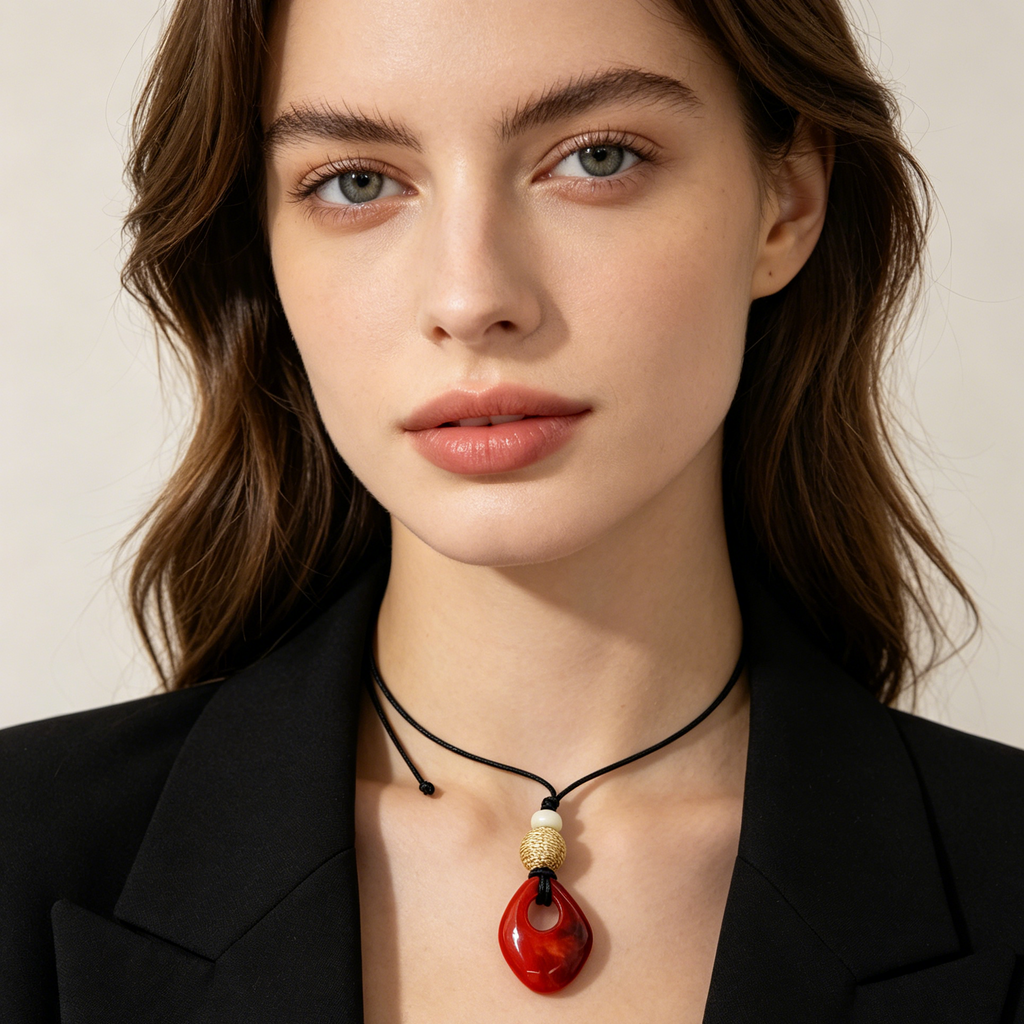 Collar Colgante Piedra Roja Resina, Cordón Ajustable, Mayorista Joyería Moda Mujer|JI JOYA