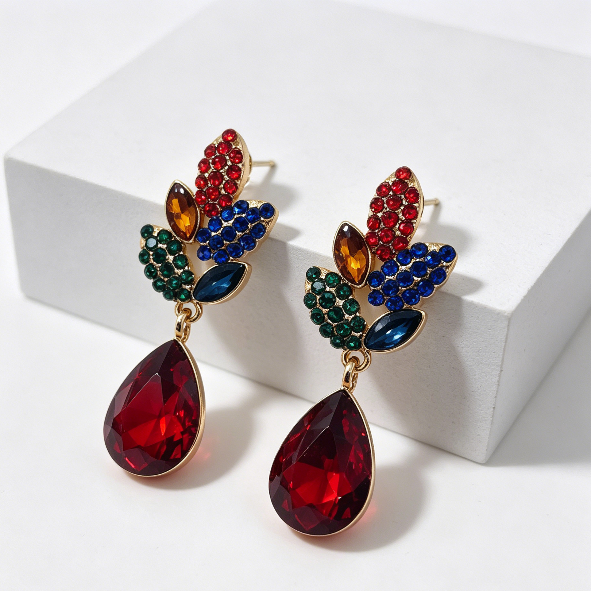 Pendientes de Cristal Multicolor con Colgante de Gota Roja - Joyería de Moda para Mujer, Diseño Floral, Baño de Oro, Venta al Por Mayor|JI JOYA