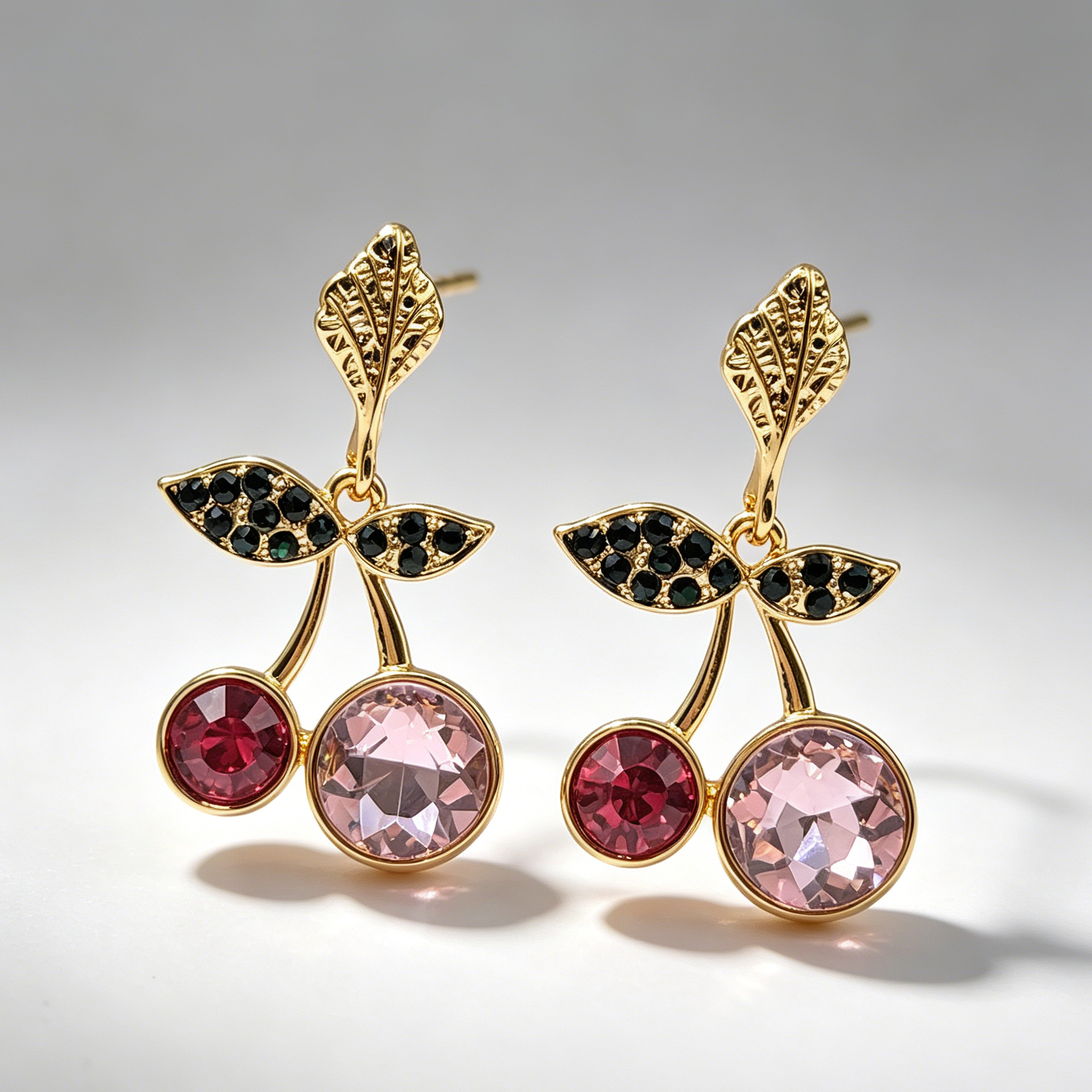 JI JOYA VENTA AL POR MAYOR|Pendientes Colgantes de Cerezo con Piedras Brillantes, Diseño de Fruta, Joyería Mayorista en Oro Rosa/Rojo para Mujer