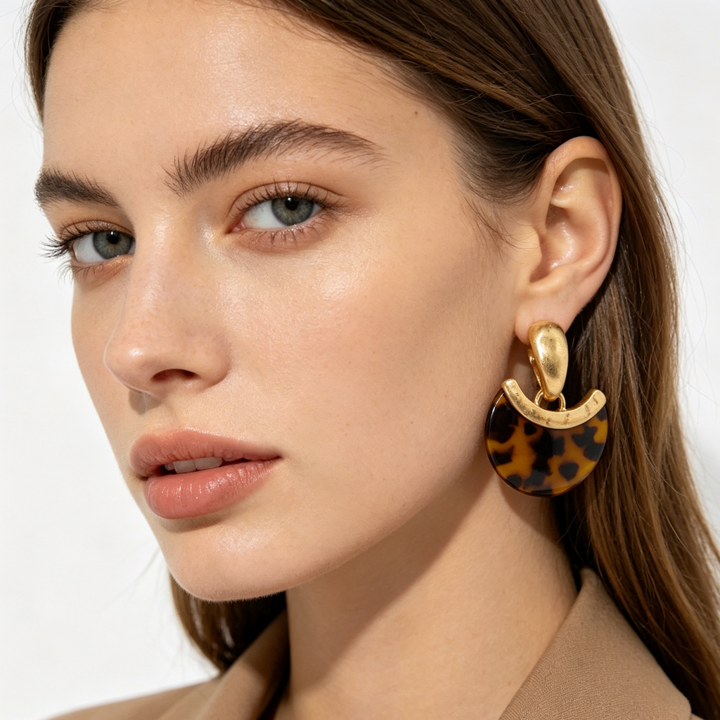 Pendientes Luna Estampado Tortuga Metal Dorado, Pendientes al por Mayor Agencia Moda, Post S925|JI JOYA