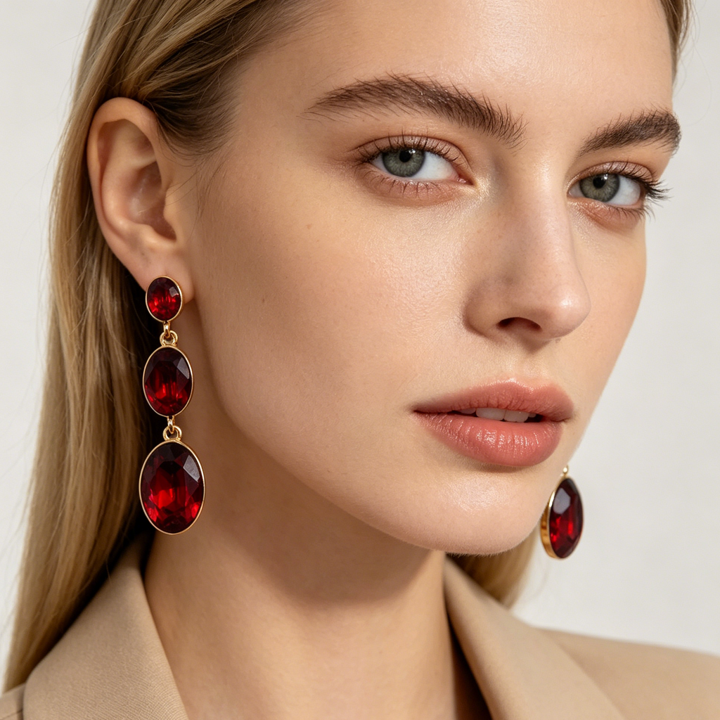 Aretes colgantes de cristal ovalado en 3 colores | Dorado | Joyería mayorista para mujer|JI JOYA