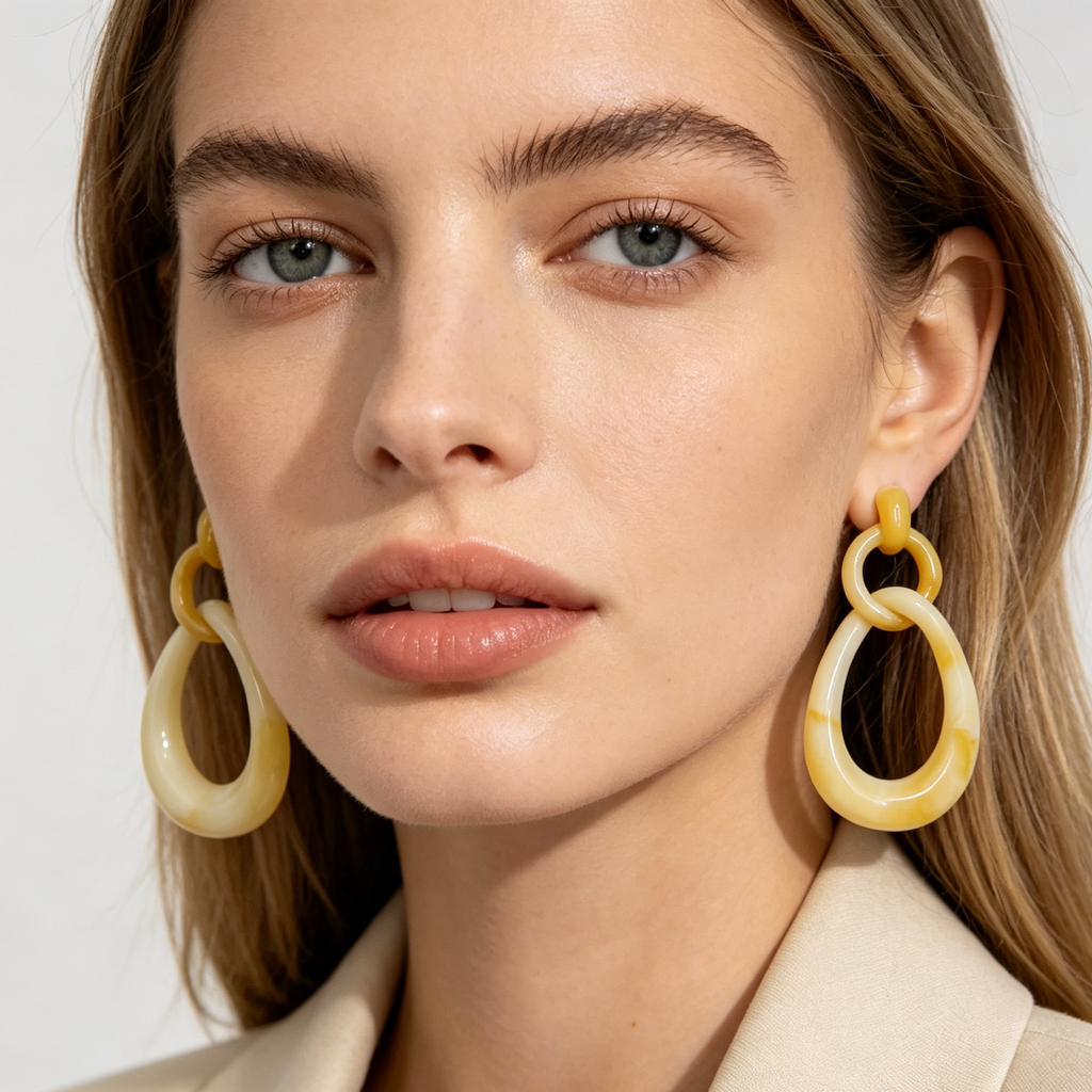 Pendientes Colgantes Doble Eslabón Gota Resina | Joyería Moda Mujer Venta al Por Mayor 4 Colores Disponibles|JI JOYA