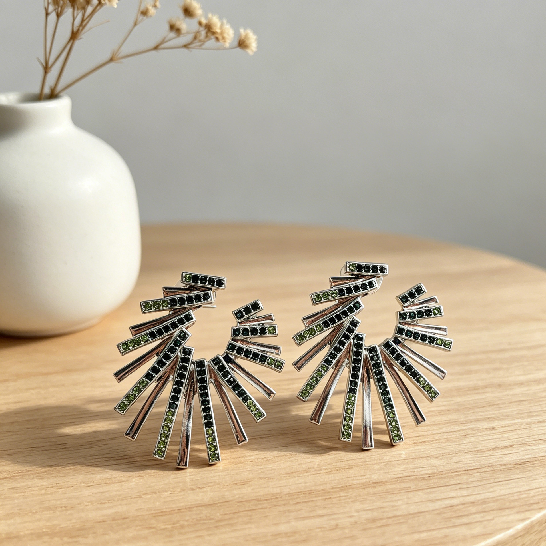 Pendientes Abanico Cristal Verde y Negro, Diseño Explosivo 2 Colores Plata/Oro, Mayorista Joyería Moda al Por Mayo|JI JOYA