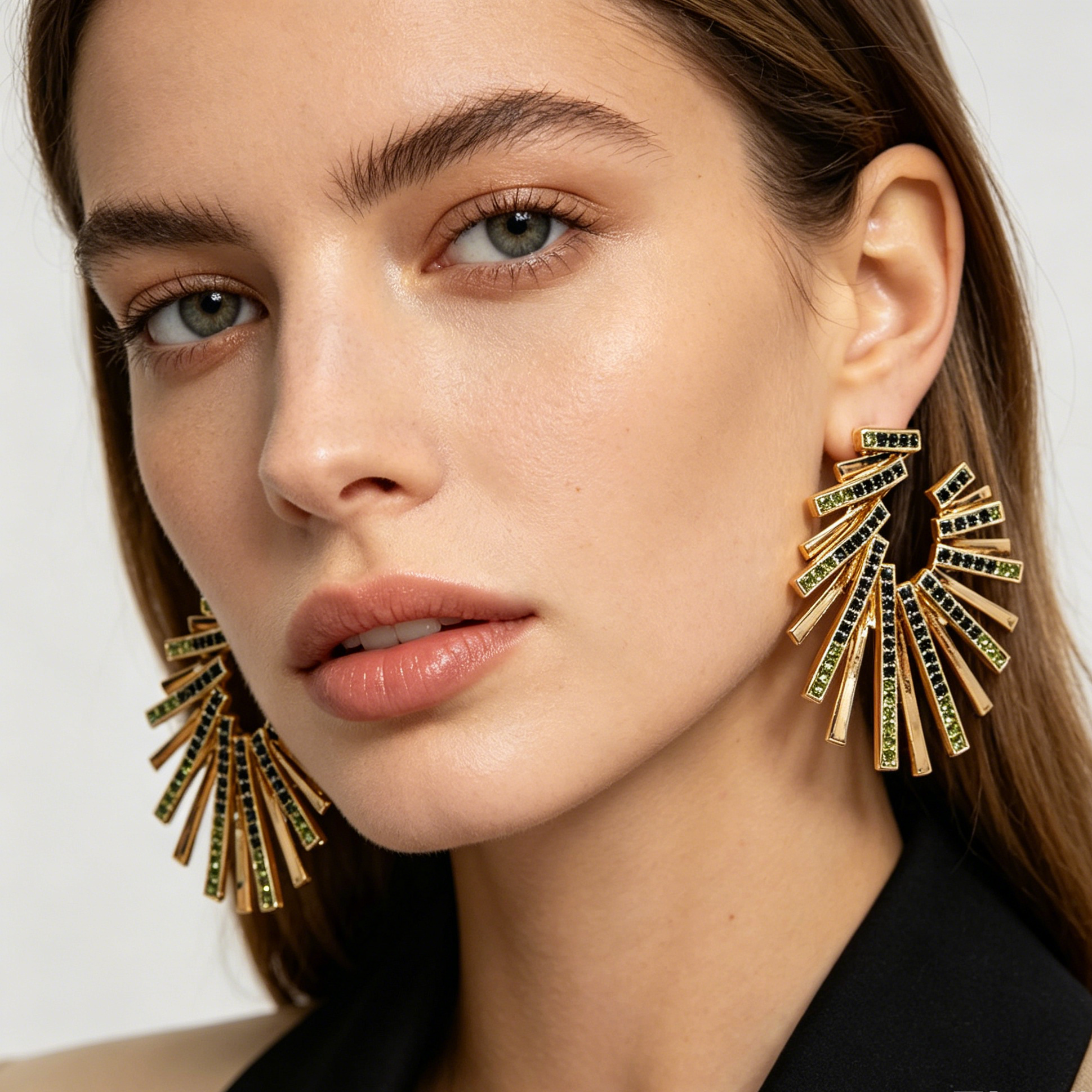 Pendientes Abanico Cristal Verde y Negro, Diseño Explosivo 2 Colores Plata/Oro, Mayorista Joyería Moda al Por Mayo|JI JOYA