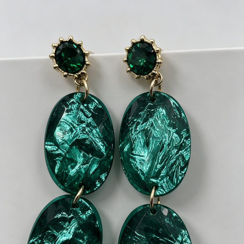 Pendientes de Resina Verde Esmeralda con Circonita, Largos y Elegantes, Moda Mayorista|JI JOYA