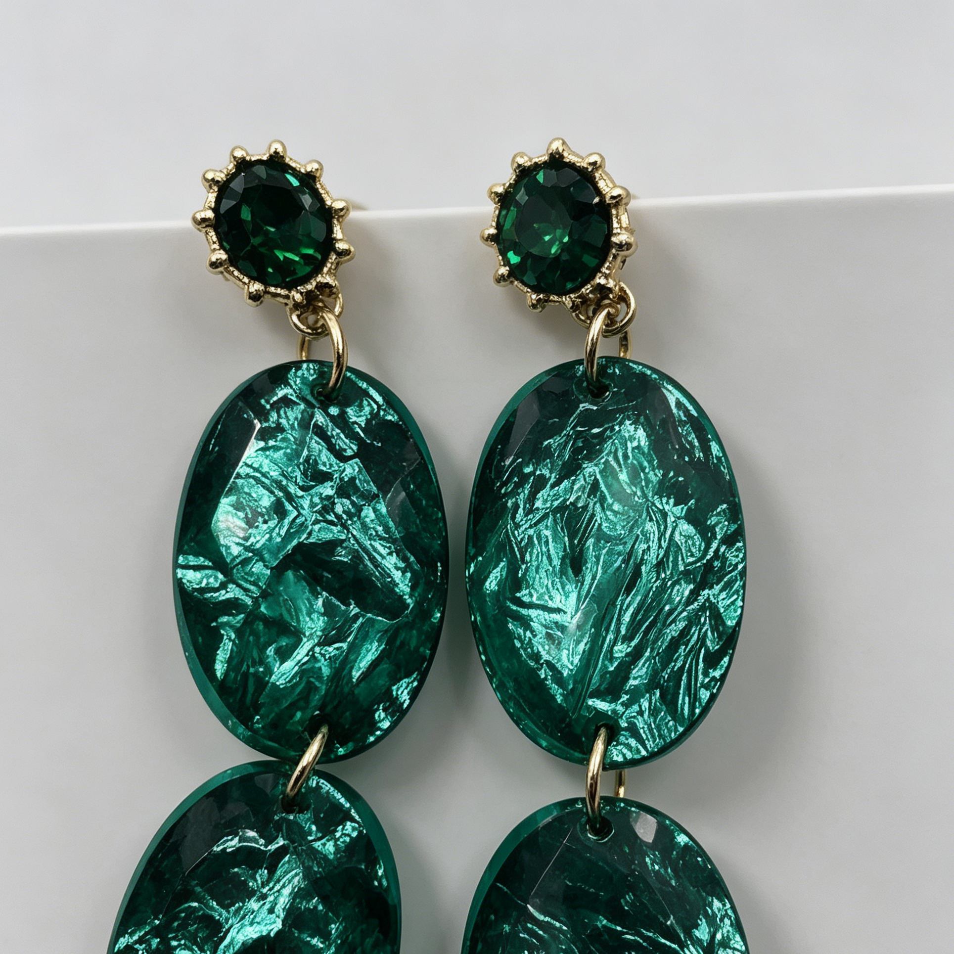 Pendientes de Resina Verde Esmeralda con Circonita, Largos y Elegantes, Moda Mayorista|JI JOYA