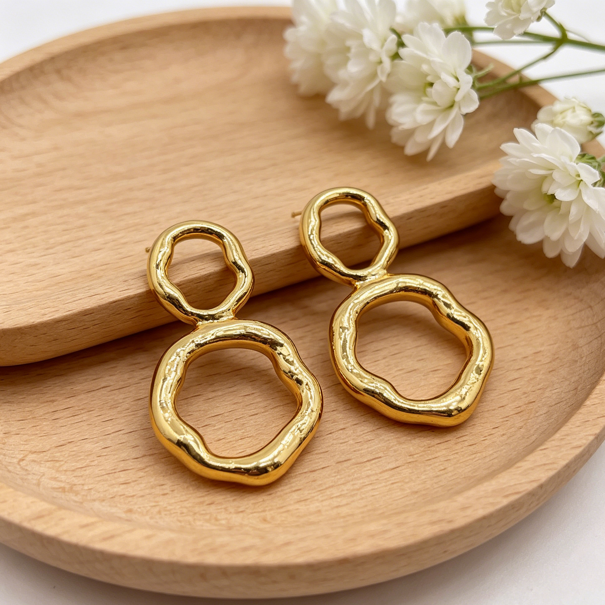 Pendientes Doble Anillo Irregular Plata y Dorado | Joyería Mayorista Diseño Minimalista Moda Mujer|JI JOYA