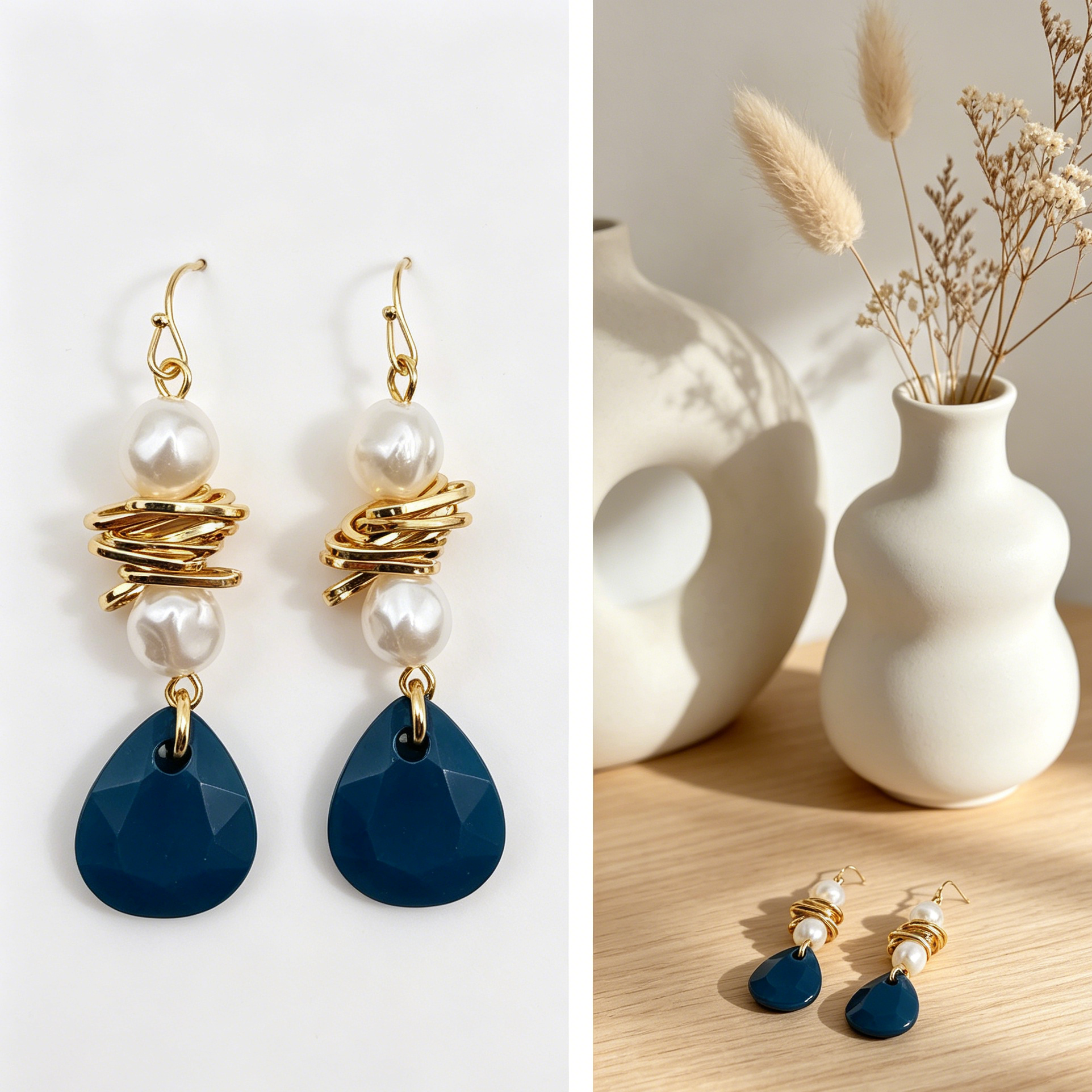 Pendientes gota azul marino con perlas irregulares y metal dorado | Mayorista Joyería Moda al por mayor|JI JOYA