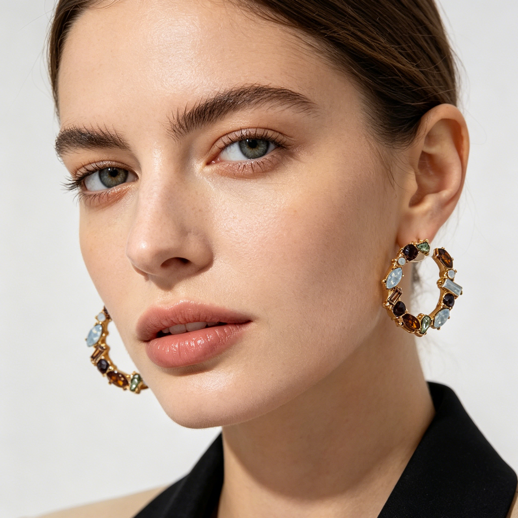 Pendientes Arco C Dorado con Cristal Multicolor, Pendientes Aro Abierto de Piedra Sintética al Por Mayor | Joyería Mayorista JI JOYA